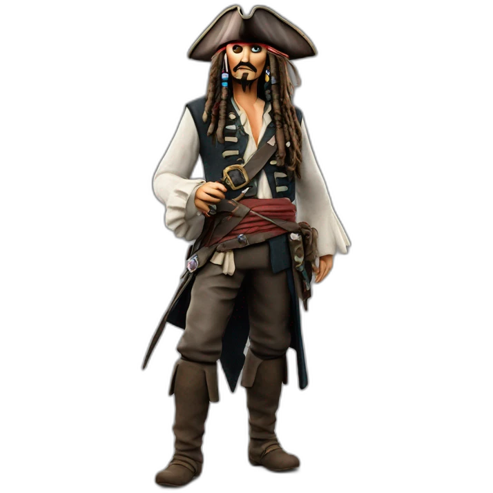 Jack Sparrow full height,3d ,морщины детализация, cinematic experience, realistic, dark, ultra-realistic render emoji