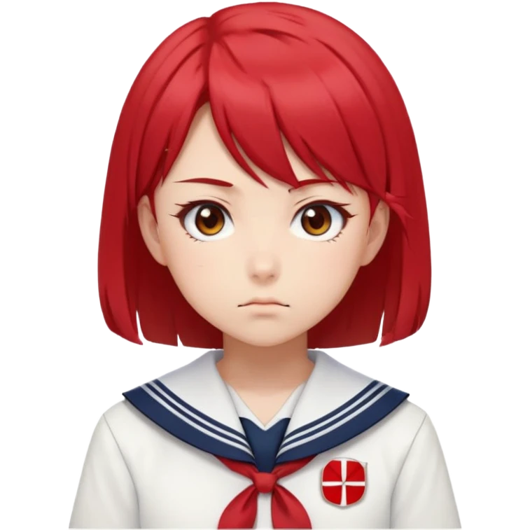 Serious anime girl with short bright red hair wearing Japanese sailor style school uniform, intense gaze and slight frown, disciplined posture emoji