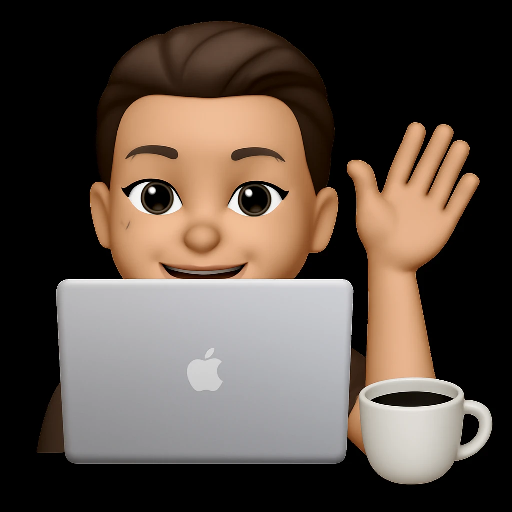 This woman waves her left hand and a coffee cup stands on the table in front of the laptop, keep the original style emoji