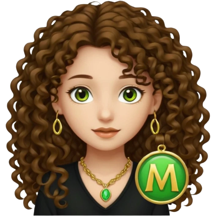 Chica de pelo castaño rizado largo ojos marrones claritos con toque verde piel clarita top negro collar con una m dorada emoji