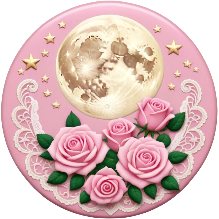 A round pink button with light cream damask lace, a full moon and stars and pink roses in the center emoji