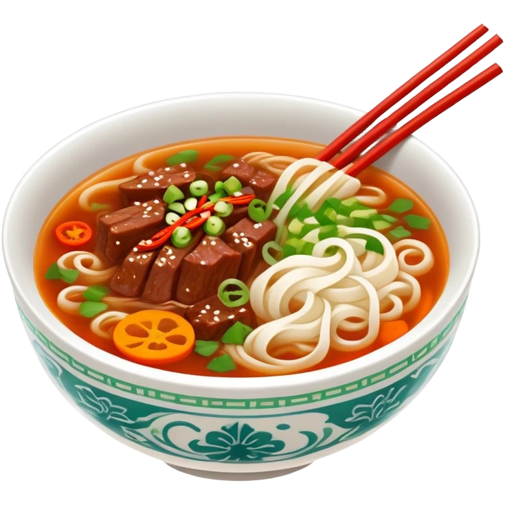 Jiangxi Rice Noodles with spicy beef soup, simplified emoji style with bold outlines and bright colors, cartoon style southern Chinese Fen specialty emoji