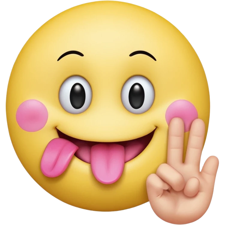 The image is a digital illustration of a yellow smiley face with big, round eyes and a big smile. The face is holding a pink tongue sticking out and making a 67 with its fingers. Above the face, The background is white. emoji