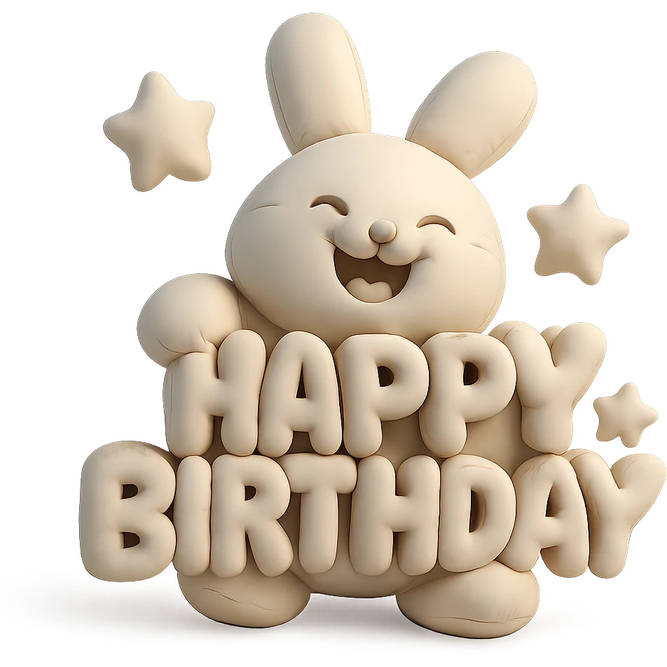 full-body laughing bunny hugging "Happy Birthday" letters with stars, cushion style emoji