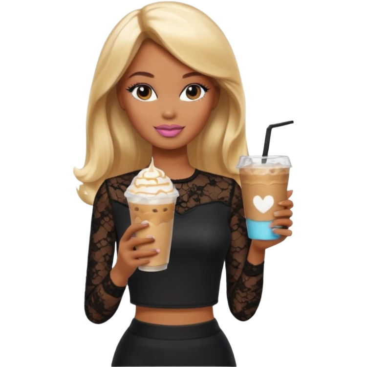 brown skin blonde barbie wearing black lace shirt with iced latte emoji