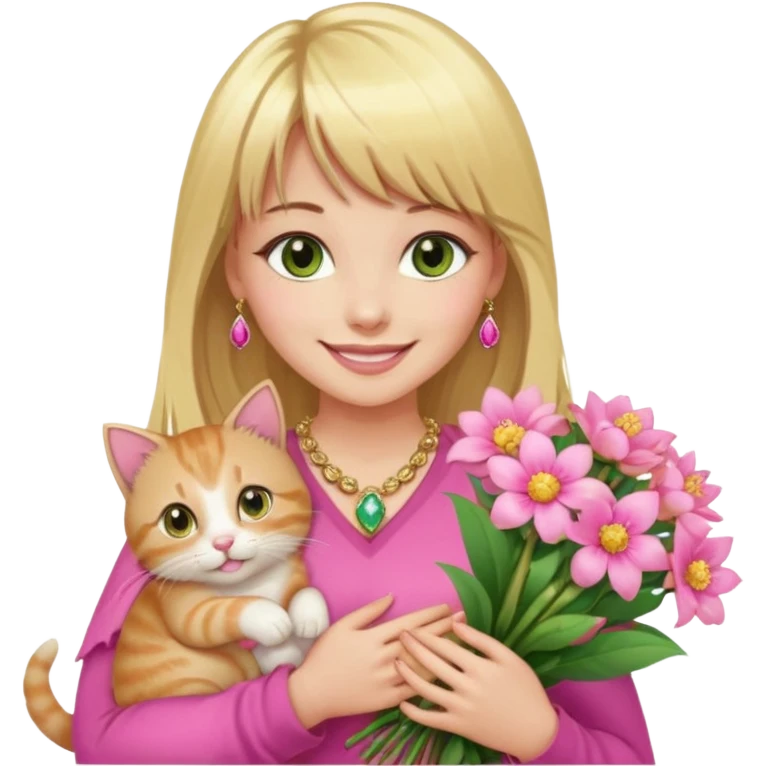 Long blonde haired with bangs, and big boobs smiling woman with hazel geen eyes, wearing pink and gold gemstone chains,  holding a big bouquet of beautiful bright flowers and kitten emoji