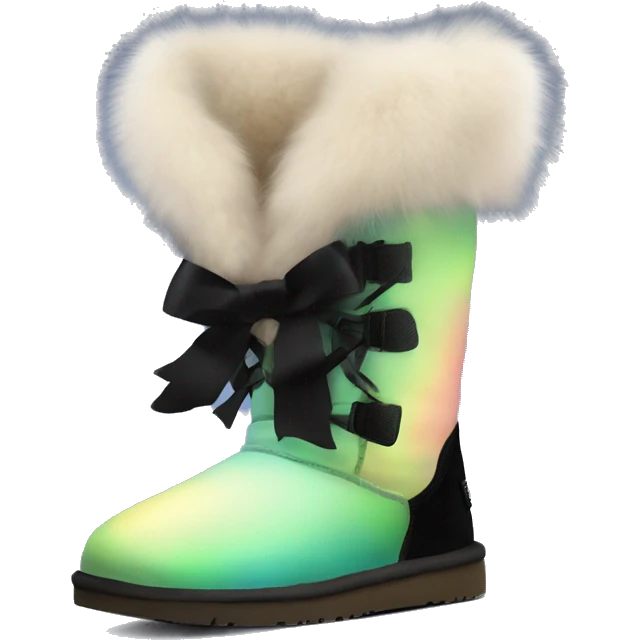 Realistic pair of northern lights ugg fur boots with black bows. emoji