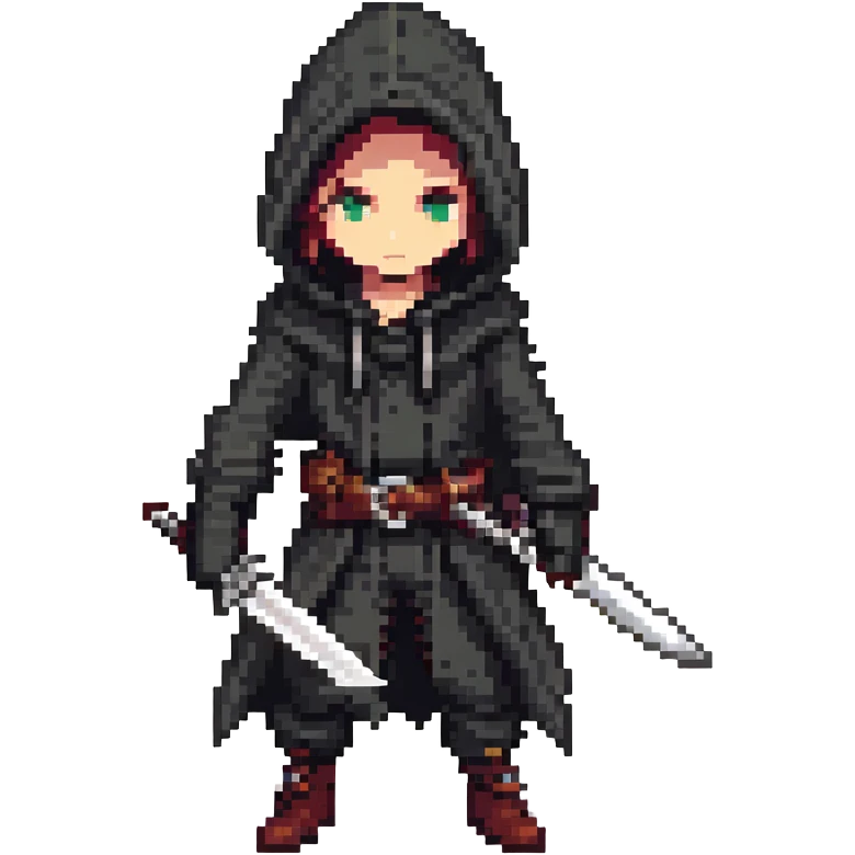 rogue character, classic RPG look, dark hood, daggers, sneaky pose emoji