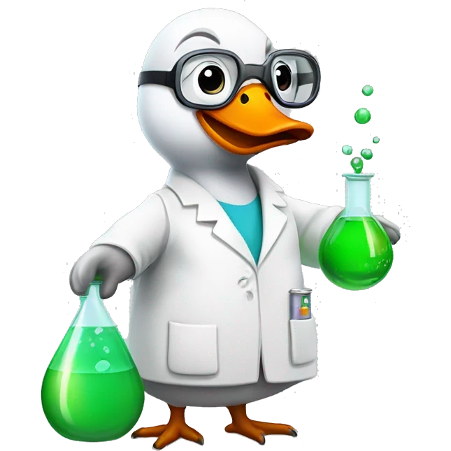 Goose wearing chemistry lab coat goggles and has flask with chemicals emoji