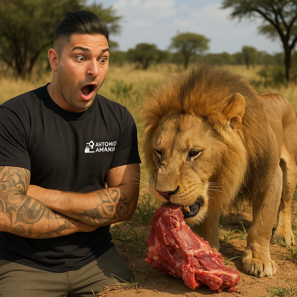 Create a realistic scene featuring a man with facial features and appearance similar to the person in the reference photo. The man is looking surprised and standing next to a lion. The man is watching the lion eat. The scene should be educational and respectful, depicting the natural behavior of the lion in a natural setting. emoji