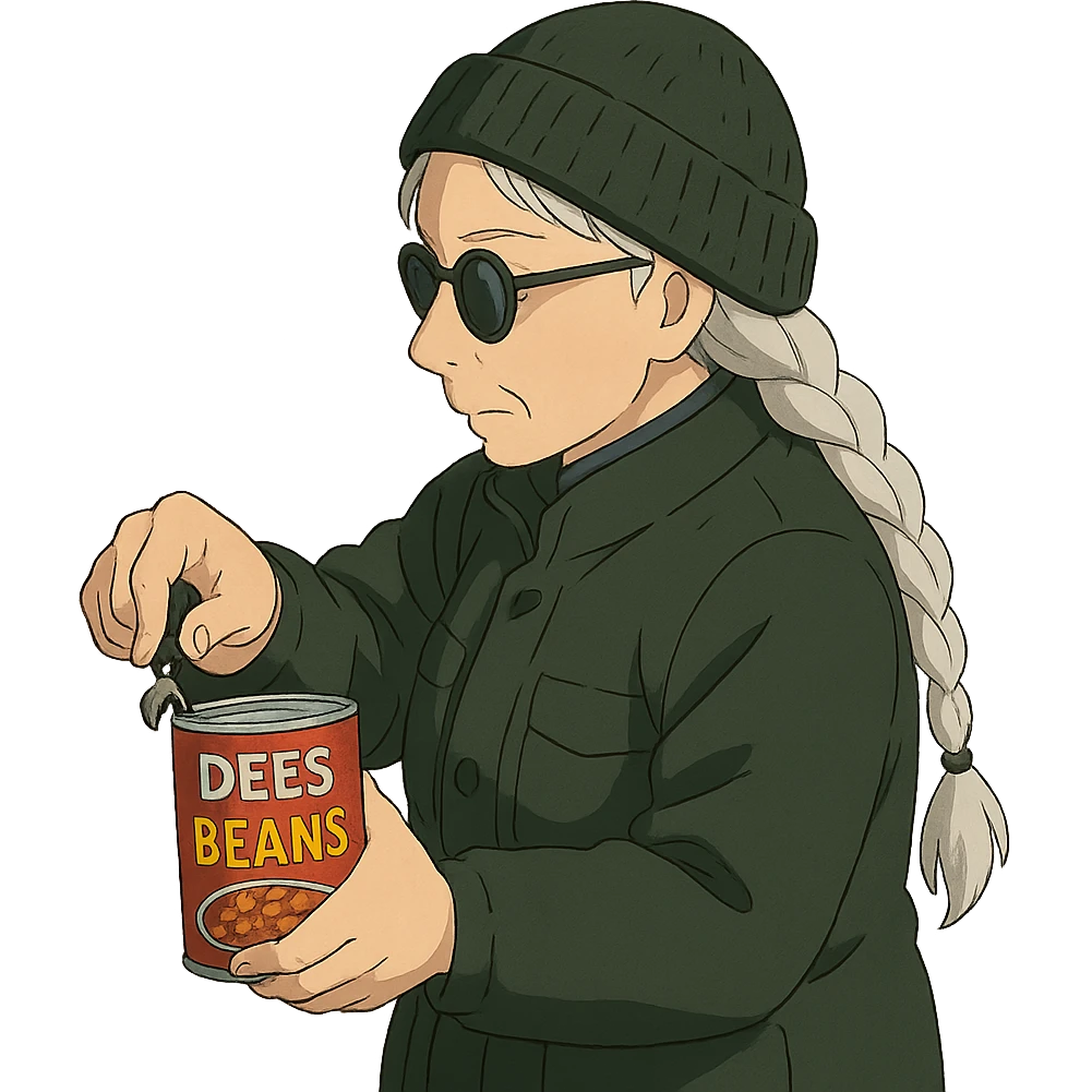 1 female, long white braid, knit cap, dark sunglasses, DARK GREEN HUNTER JACKET, USING A SMALL BLACK HANDHELD CANOPENER TO OPEN A CAN OF DEES BEANS emoji