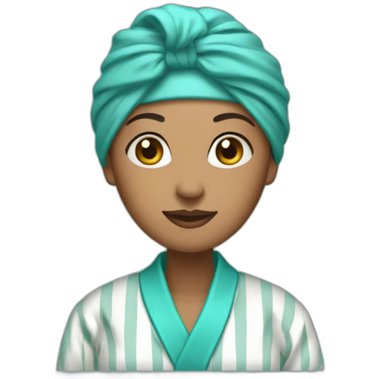 Woman wearing pinstripe bathrobe with turquoise turban emoji