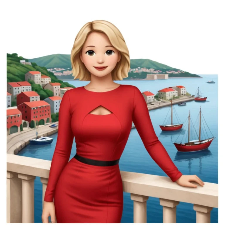 jennifer lawrence, red dress leaning on a balcony with a harbor and cityscape in the background, smiling emoji