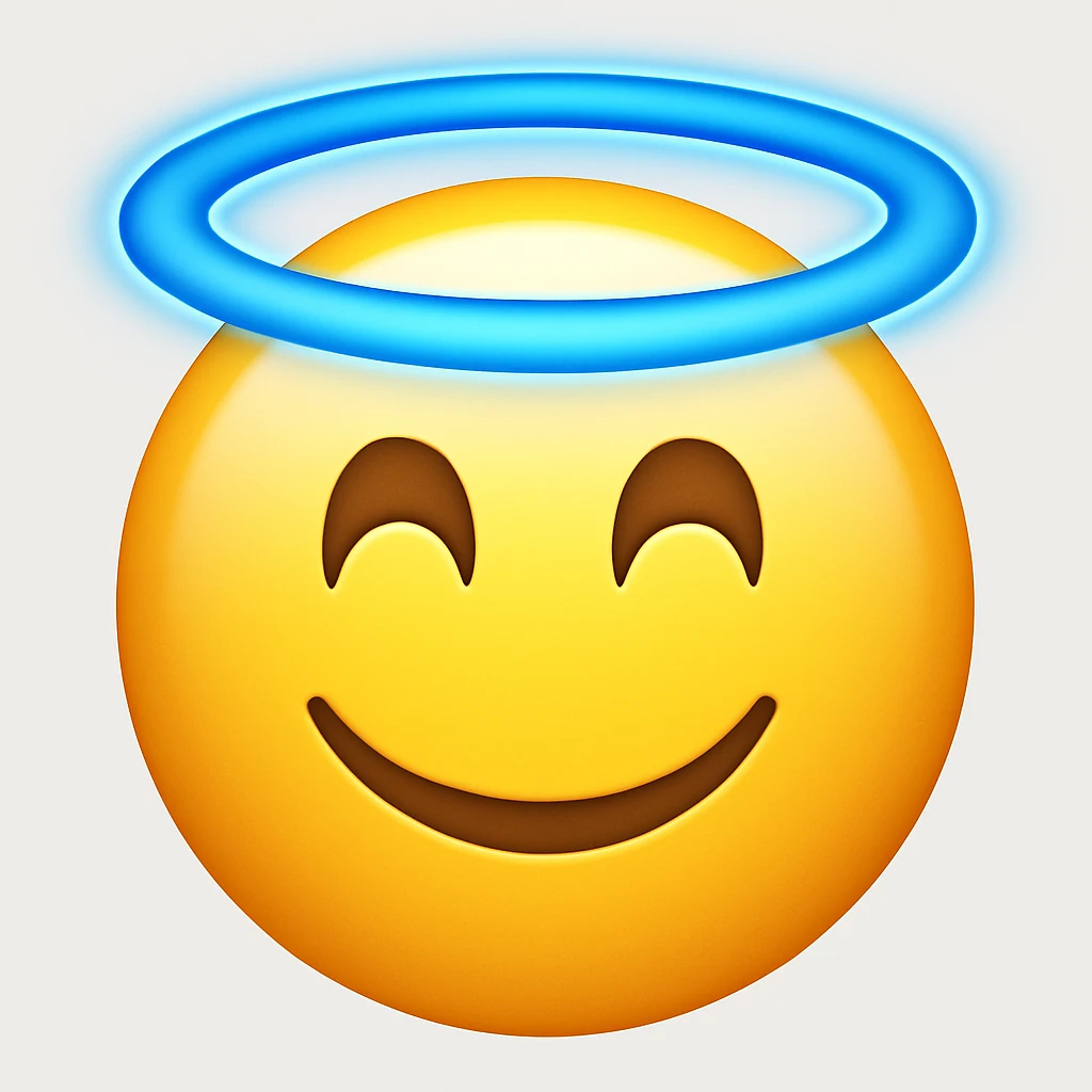 A smiling emoji with a blue halo above its head, in the style of Apple emojis. emoji