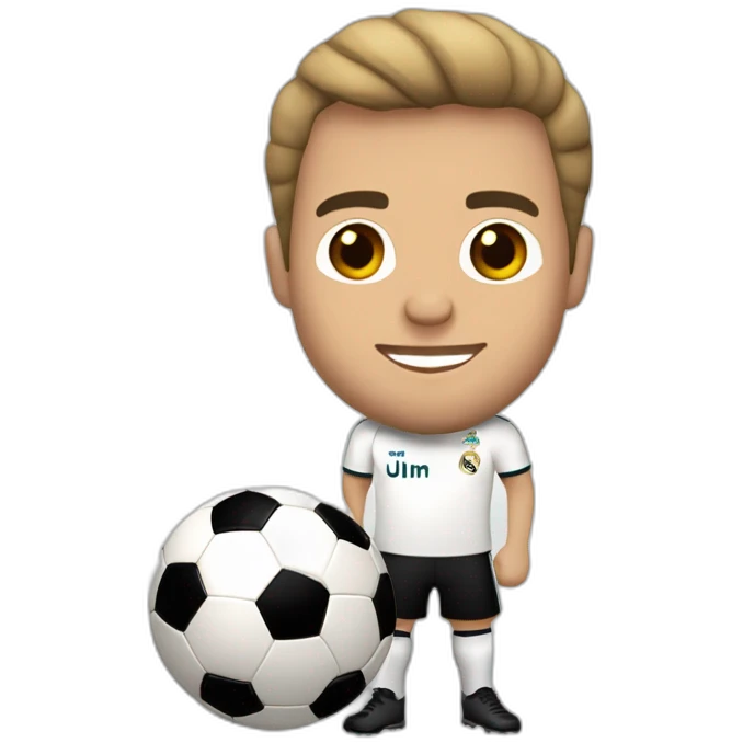 Hombre sin cabello con perilla jugando fútbol con el real madrid emoji