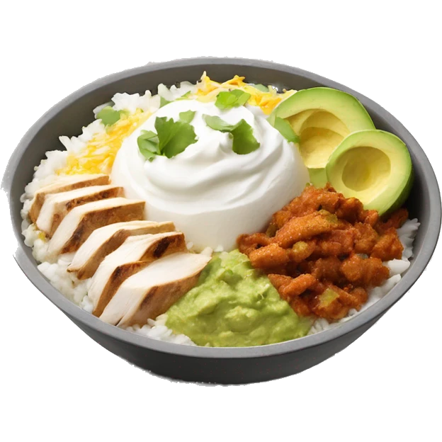 chipotle bowl with white rice chicken guacamole sour cream, and chese emoji