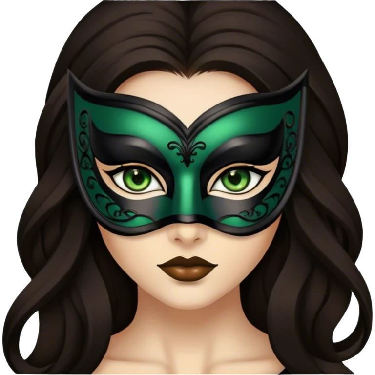 Greeneyed Woman hair with Long Dark brown hair wearing Black venetian mask emoji
