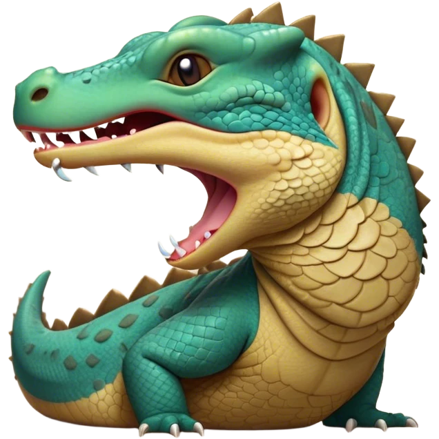 Cinematic Cute Yawning Komodo Dragon Lizard Portrait Emoji, Head slightly angled in a dramatic, wide-open yawn, showcasing rugged, textured scales and sleepy, half-closed eyes, Simplified yet irresistibly adorable features, highly detailed, glowing with a soft, cozy glow, high shine, relaxed yet expressive, stylized with a hint of whimsical wildness, soft glowing outline, capturing the essence of a drowsy yet endearing reptile that appears ready to stretch out for a nap! emoji