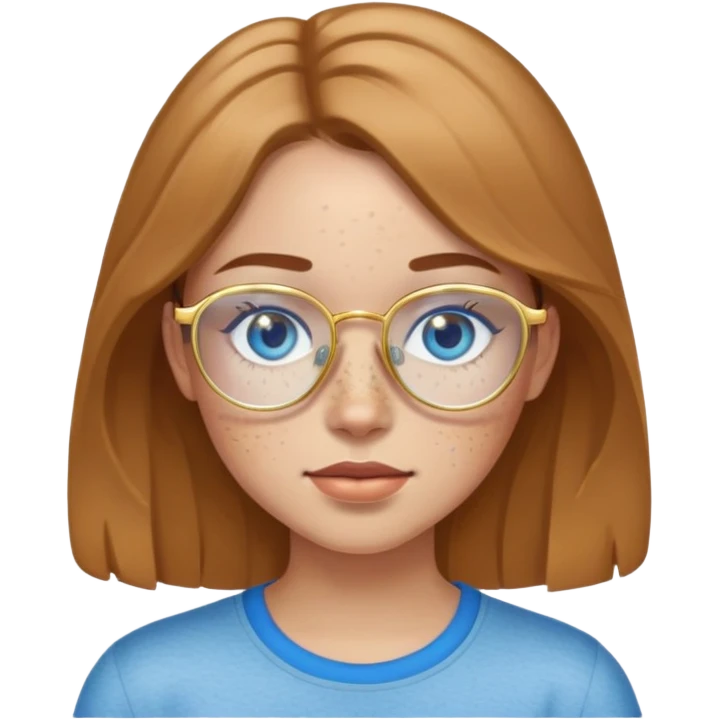 Girl with light skin, light brown hair, blue eyes, freckles, and gold glasses emoji