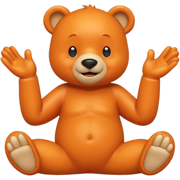 Create a orange friendly bear, make him look like from a kid cartoon and make him smile. Show his whole body. Make him look shy and cross his leg while pointing his index finger towards each other emoji