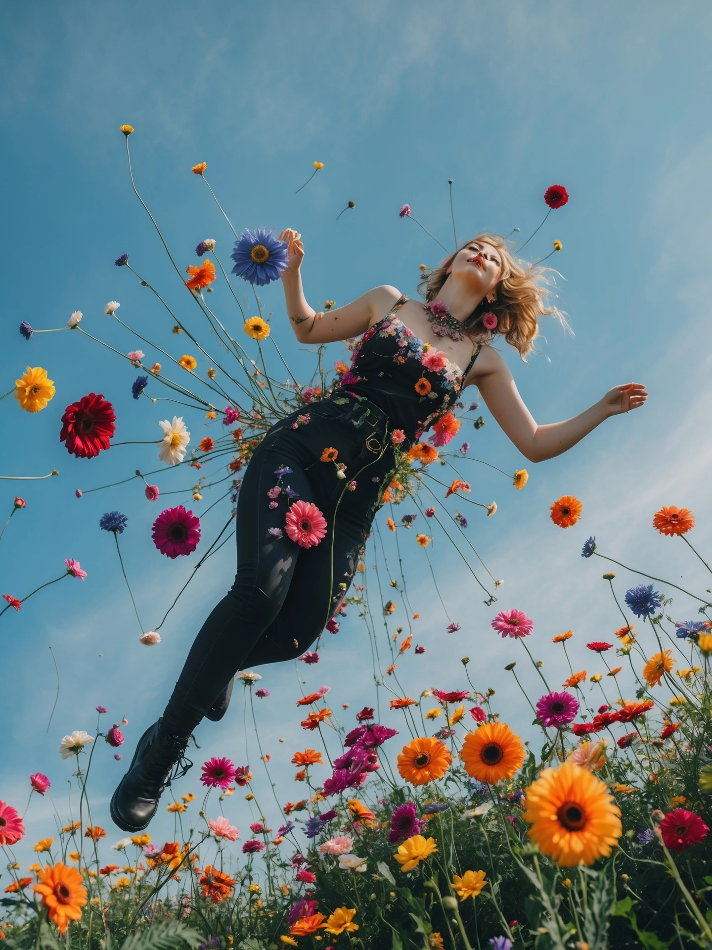 Closeup photo of a woman falling around explosion of a colorfull flowers wearing alternative fashion, blue sky minimalistic background emoji