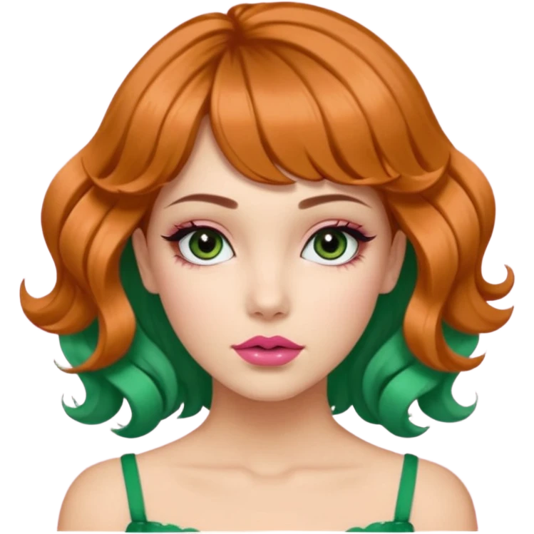 Una chica de cabello marrón con ojos de un verde acaramelado labios rosados cabello suelto con ondas un fleco corto en medio y otros dos a los lados en modo fleco cortina dos mini coletitas a los lados con lazitos  emoji