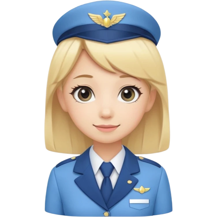 Cute emoji-style Japanese flight attendant, blonde hair, pastel blue airline uniform, kawaii cartoon style, big eyes, simple clean lineart, pastel colors, chibi proportions, friendly smile, sticker/emoji, transparent background emoji