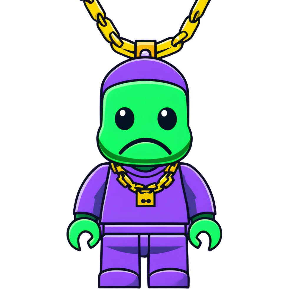 classic bearbrick figure with lime green mask covered in chaotic brand logos, wearing several large gold chains, gold pendant, rapper style accessories, expressive eyebrows emoji