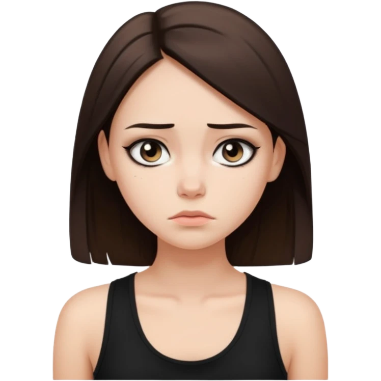 a fair girl with straight brunette hair, black tank top, eyeliner on. Looking sad emoji