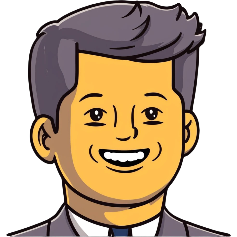 John F. Kennedy portrait with his classic hairstyle and smile emoji