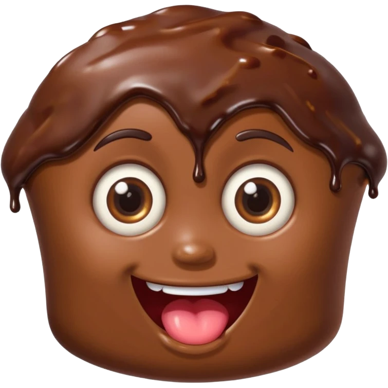 Funny cartoon chocolate mini pastry, crazy wide eyes, messy chocolate dripping, smiling distorted face, chibi style, Twitch emoji style, transparent background, colorful emoji