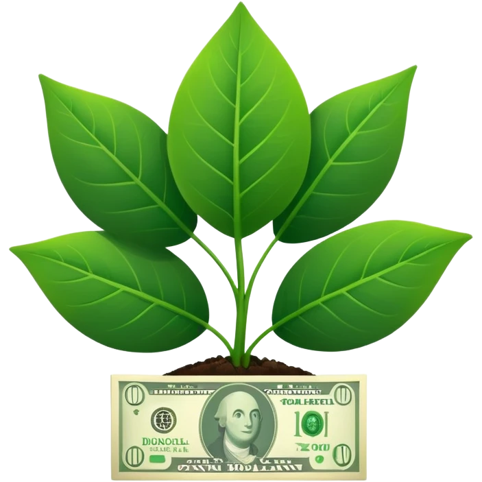 Green leafy plant with leaf shaped like dollar bills clearly labeled as financial growth from automation emoji