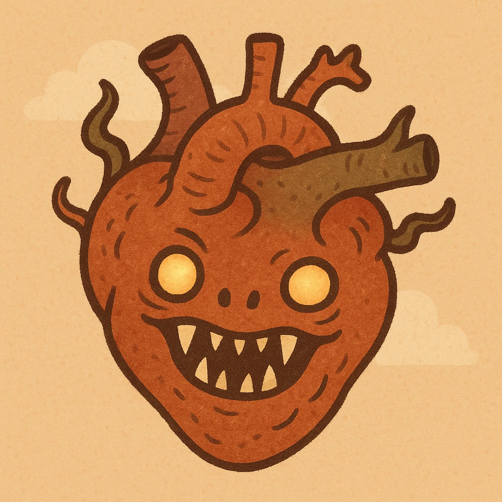 a cursed monster heart, twisted and monstrous, with glowing eyes and sharp teeth, in a cartoonish style emoji