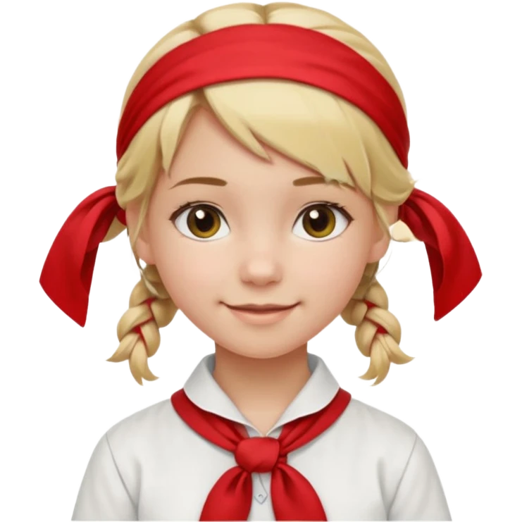 A Soviet pioneer girl emoji — smiling young girl with blonde hair tied into two short braids. She wears a white school shirt and a wide bright red pioneer neckerchief tied in a loose triangular knot at the chest (not a necktie). No suspenders, no jacket, no hat. Без красных повязок на голове emoji
