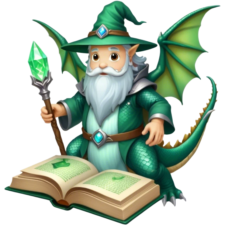 Icon for Fantasy and Sci-Fi Literature: a magical book with glowing pages, surrounded by a dragon, a spaceship, and a wizard with a staff. The icon should capture the adventurous and imaginative world of fantasy and science fiction. Transparent background. emoji
