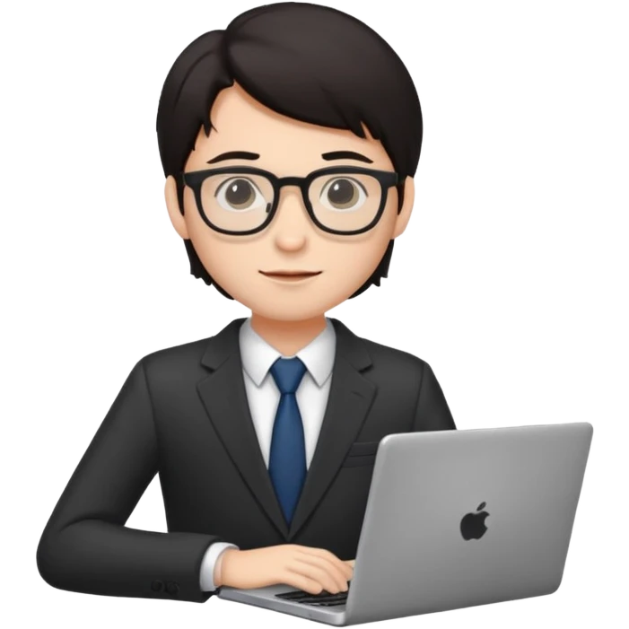 un estudiante con lentes y su laptop CON TERNO Y CABELLO NEGRO emoji