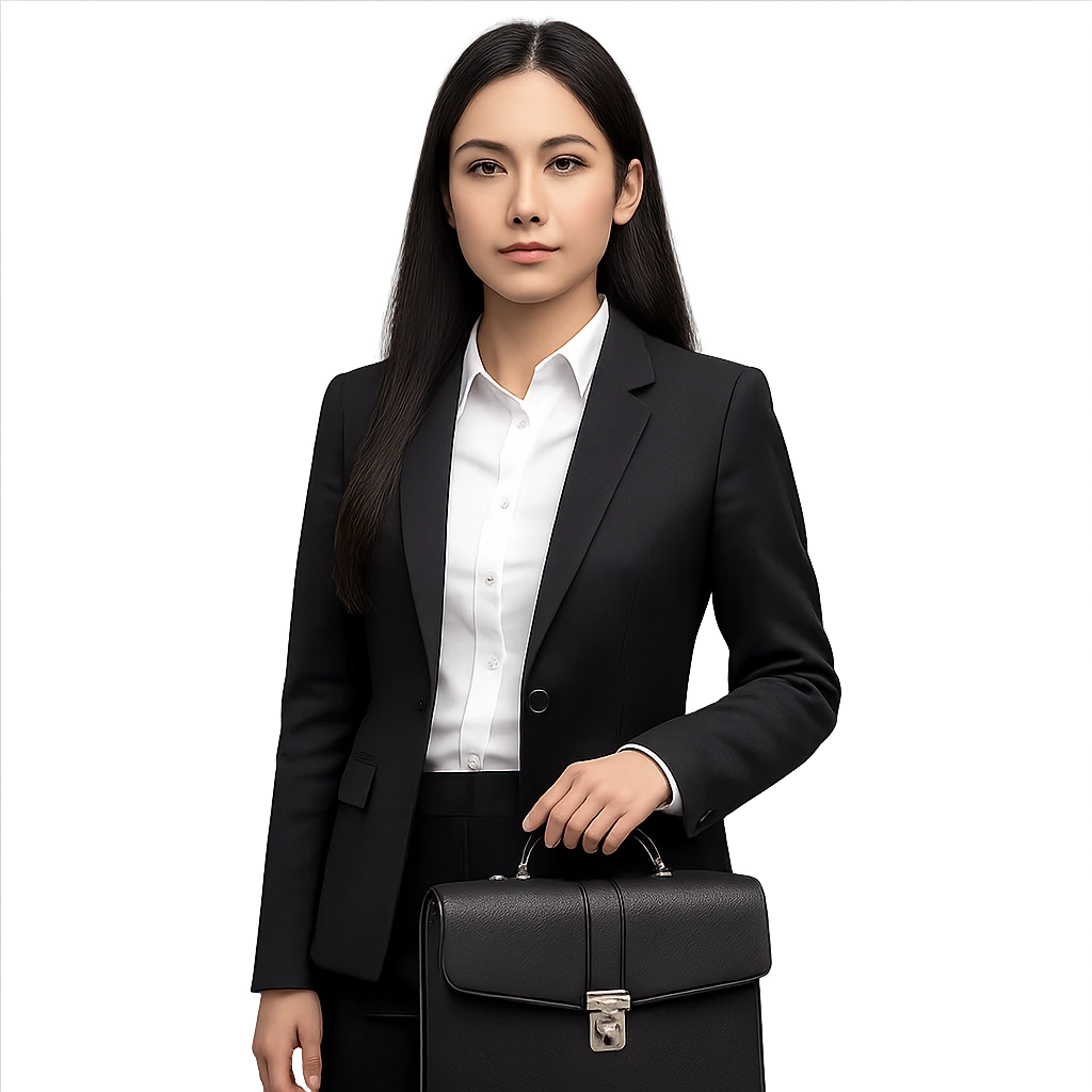 a girl with long black hair, neutral expression, wearing business style clothes including shirt and jacket, with a business bag as an accessory, professional and clean style emoji