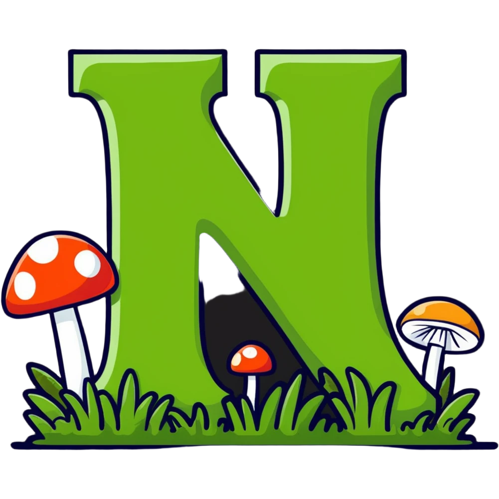 Notion logo as a block covered with moss, grass and tiny mushrooms, letter N still visible emoji