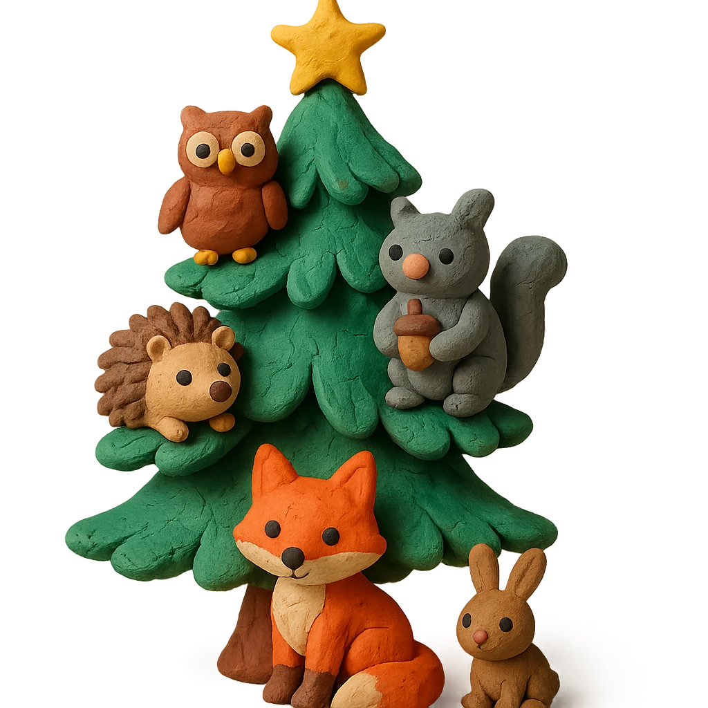 pine tree decorated with woodland critters in claymation style emoji