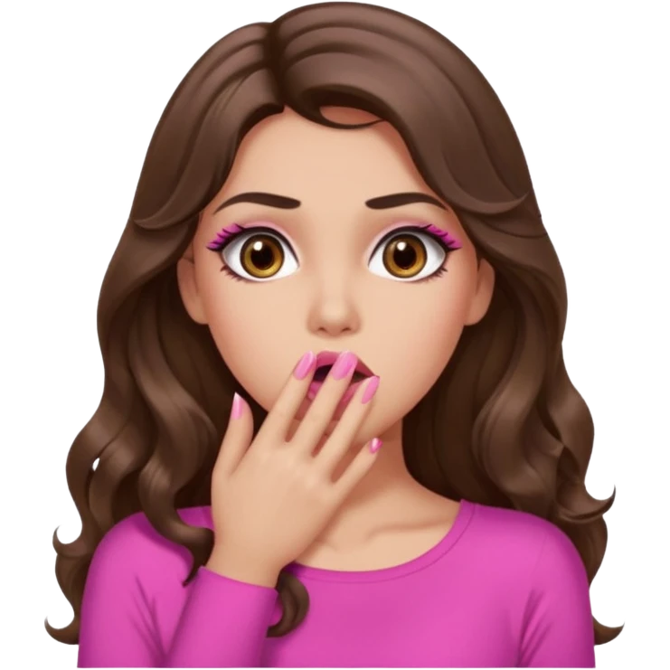 girl with long wavy brown hair, brown eyes, long lashes makeup, sexy pink lips, light to medium complexion, pink sexy top, shocked, hand covering mouth emoji