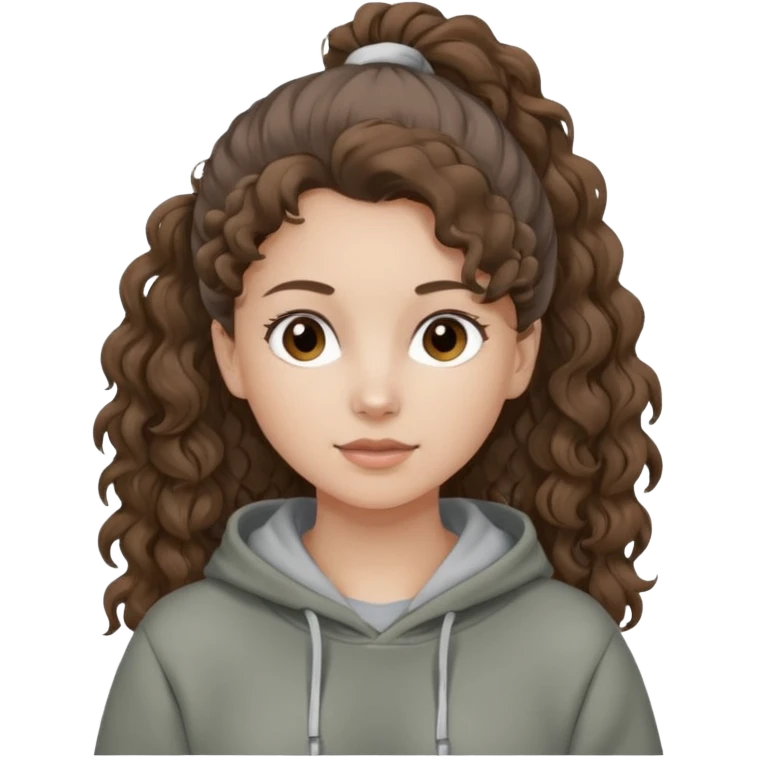 Woman, curly brown hair, hoodie, white pony tail emoji