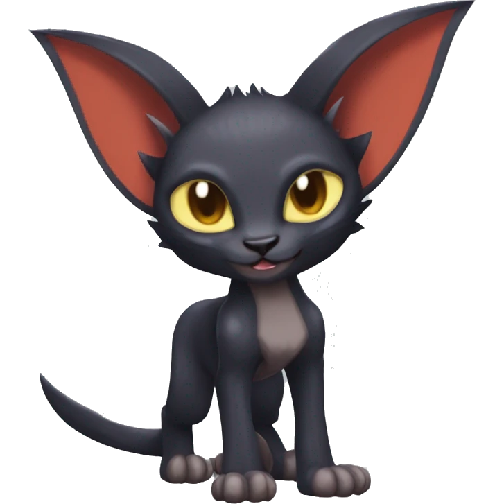 Black edgy Noivern-Litten-Sphynx-Lykoi-Caracal-cat-Fakemon with big bat ears full-body emoji