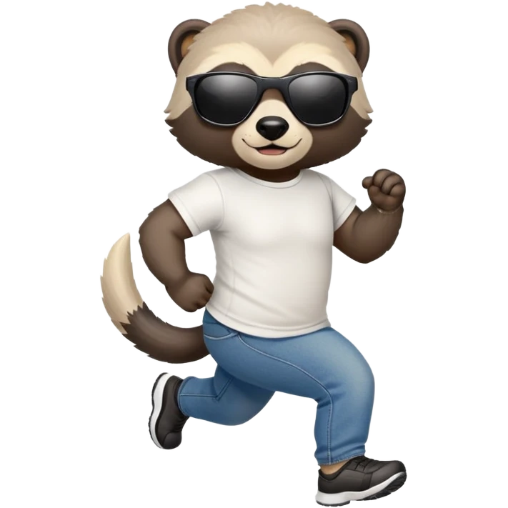 friendly anthropomorphised honey badger in jeans and a t-shirt, wearing sunglasses, jogging upright, relaxed pose emoji