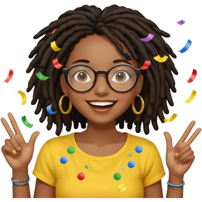 Black female with dark dreadlock hair wearing large round glasses and a yellow top celebrating with confetti emoji