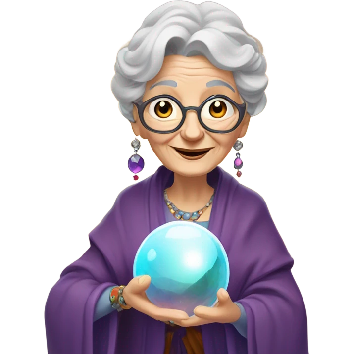 Wise Old Lady Fortune teller with crystal ball looking into the camera smiling emoji