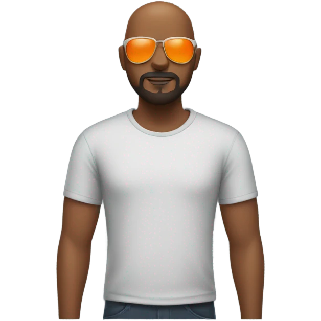 Black man with a Bald head, sunglasses, a goatee, a beard, and an orange tee shirt. emoji