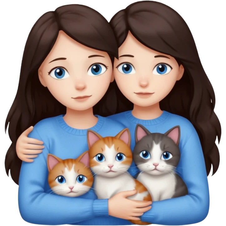 a girl with long dark 
brown hair, with blue eyes, in a
white sweater, hugs 3 different natural coloured cats emoji