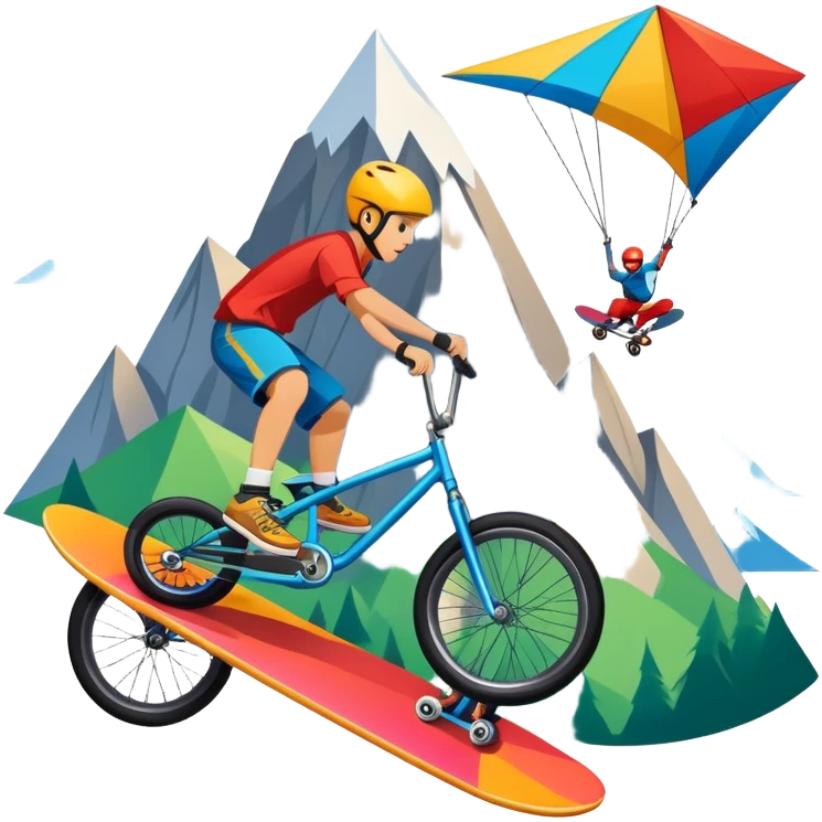 An emblem-style design representing extreme sports and lifestyle, featuring symbols of adventure such as a mountain, a skateboard, a kite, and a bike. The design is bold and dynamic, with sharp lines and energetic colors, capturing the essence of thrill, freedom, and adrenaline. emoji
