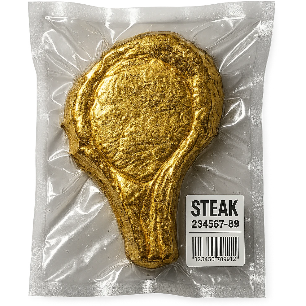 steak covered in edible gold, shiny and inflated, vacuum-sealed style emoji