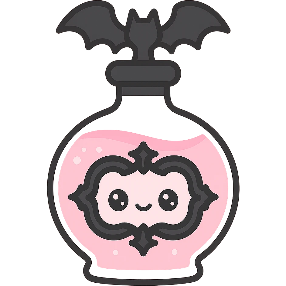 a gothic potion bottle, pink liquid, black ornate details, and a bat-shaped stopper emoji